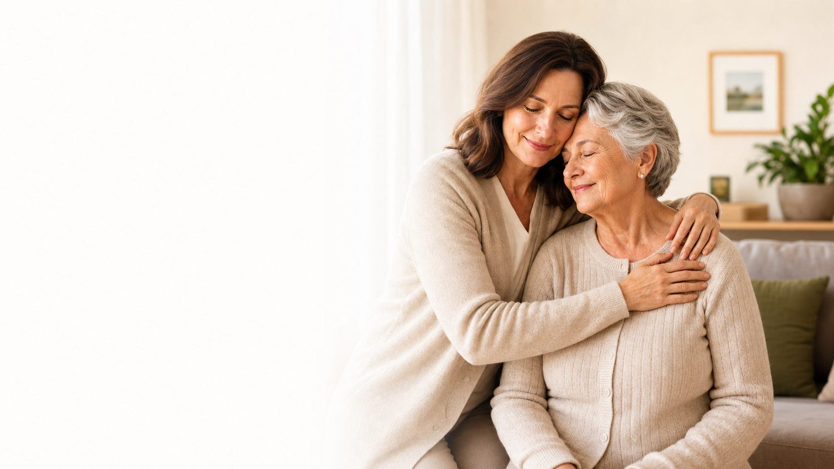 Adult daughter gently caring for her elderly mother at home